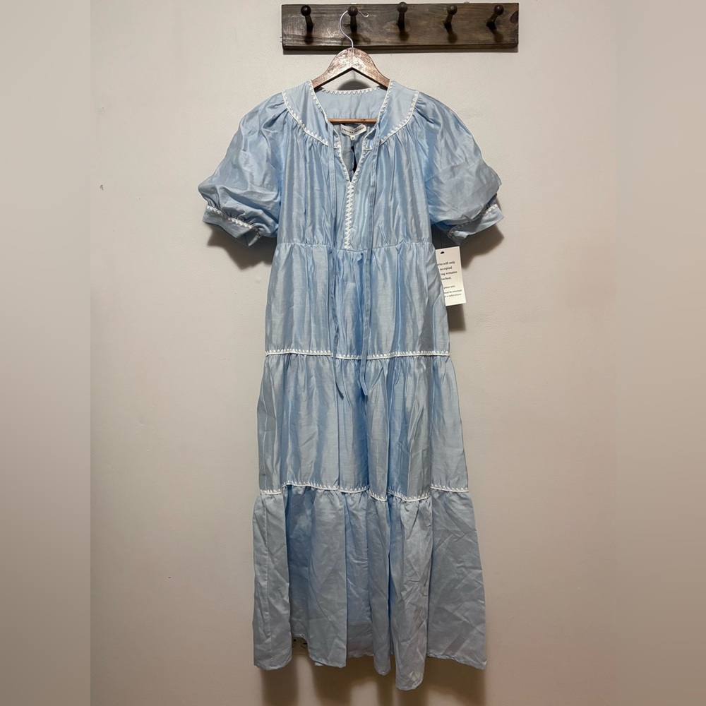 NWT English Factory Blue Tiered Dress with Embroidered Details Size XS